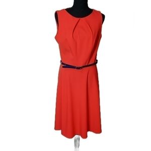 AGB Fit and Flare Red Belted Sleevless Dress